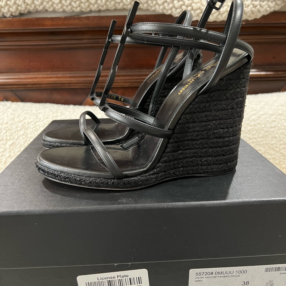 YSL CASSANDRA WEDGE ESPADRILLES IN LEATHER WITH BLACK MONOGRAM